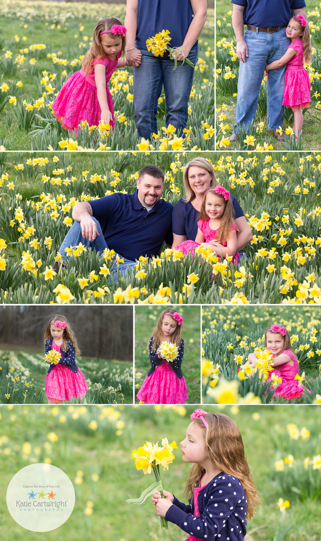 family portraits, field of flowers, jonquils, girl with flowers, pink blue, yellow, posing family of three